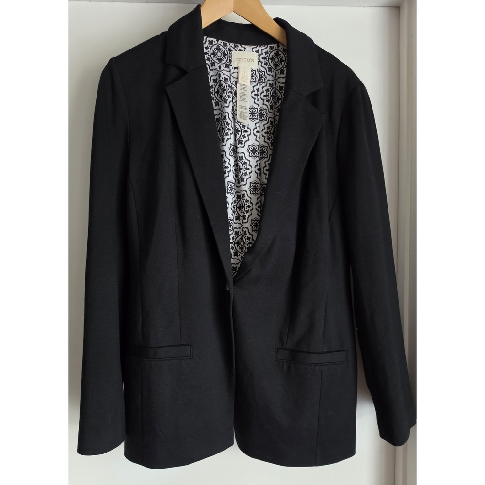 Chico's Blazer Size 1 Black Solid Long Sleeve Collared Jacket Professional